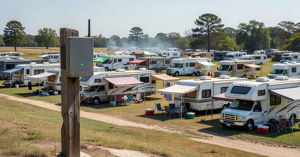 Campground full of RVs on a summer weekend with outdoor WiFi access point visible on a post in the foreground