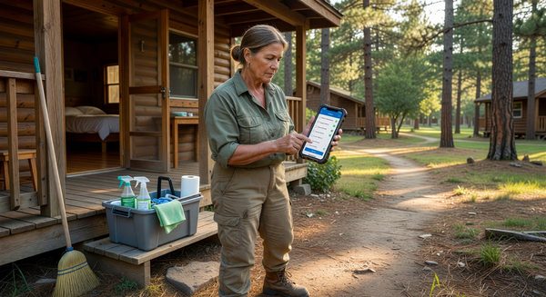 Campground housekeeper completing digital inspection checklist on smartphone after cabin cleaning