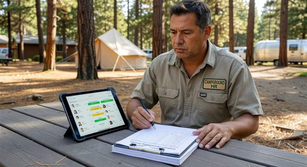 Campground HR manager reviewing digital employee records and onboarding progress