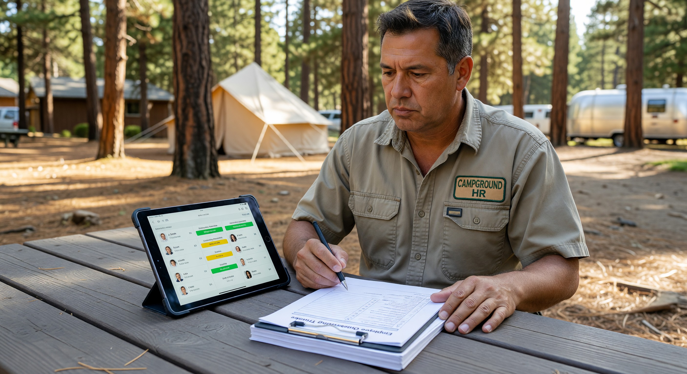 Campground HR manager reviewing digital employee records and onboarding progress
