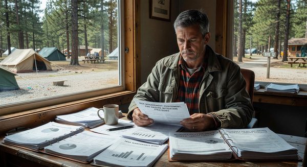 Campground operator reviewing insurance documentation and risk management reports
