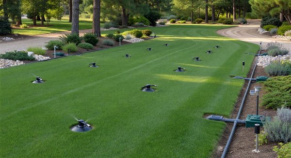 Campground green lawn and landscaping with smart irrigation system components visible