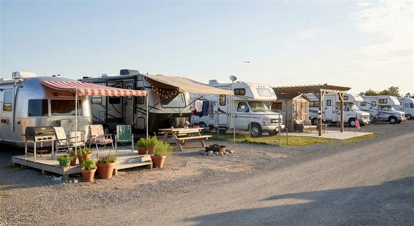 Row of long-term RV sites with personalized setups and outdoor living areas