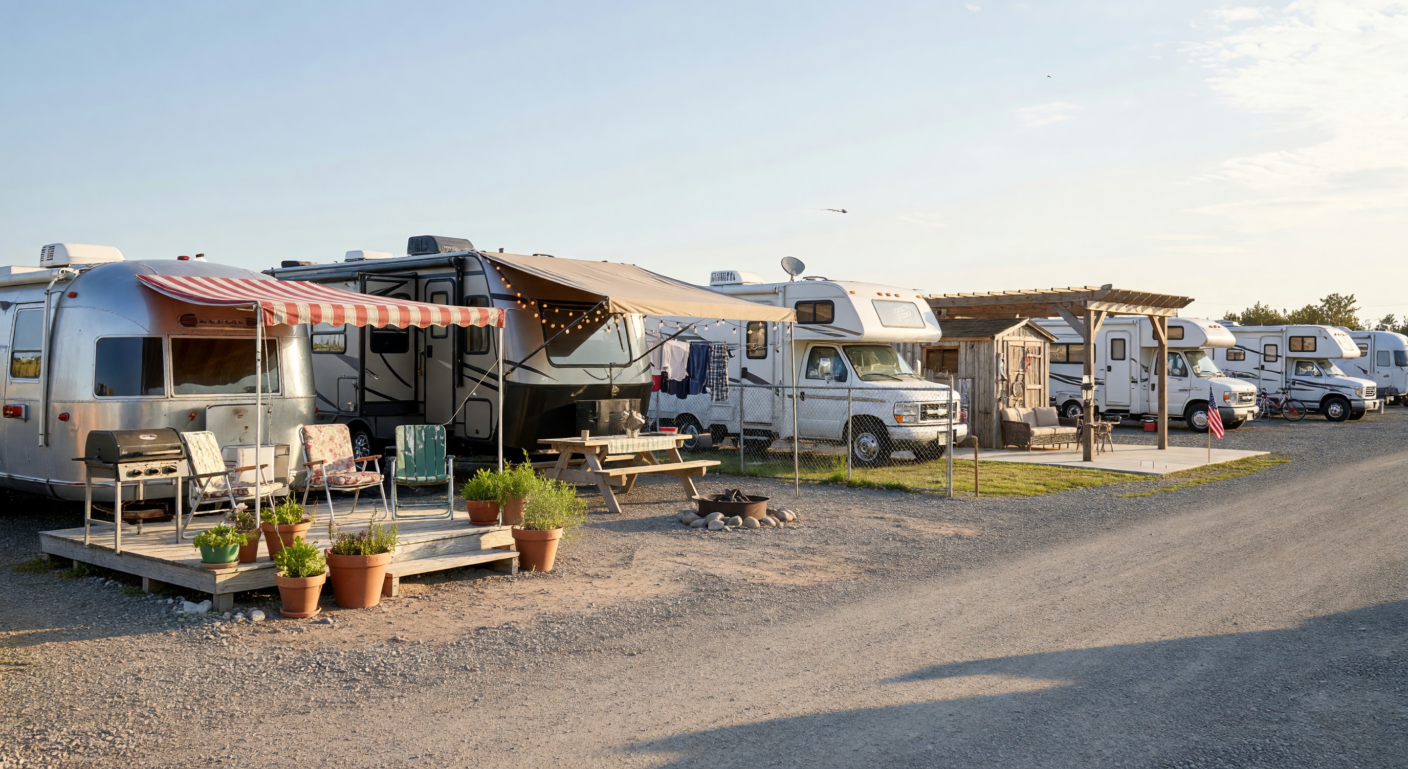 Row of long-term RV sites with personalized setups and outdoor living areas