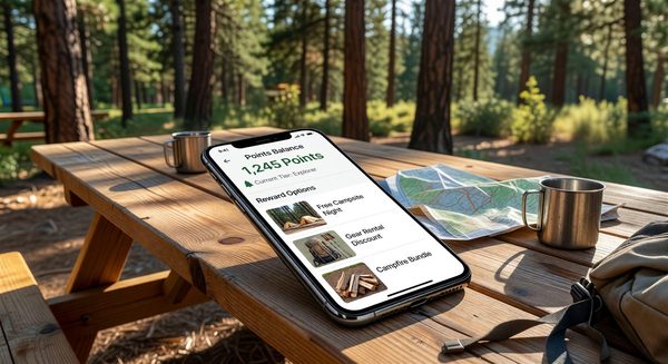 Campground loyalty program mobile app showing points balance and reward options