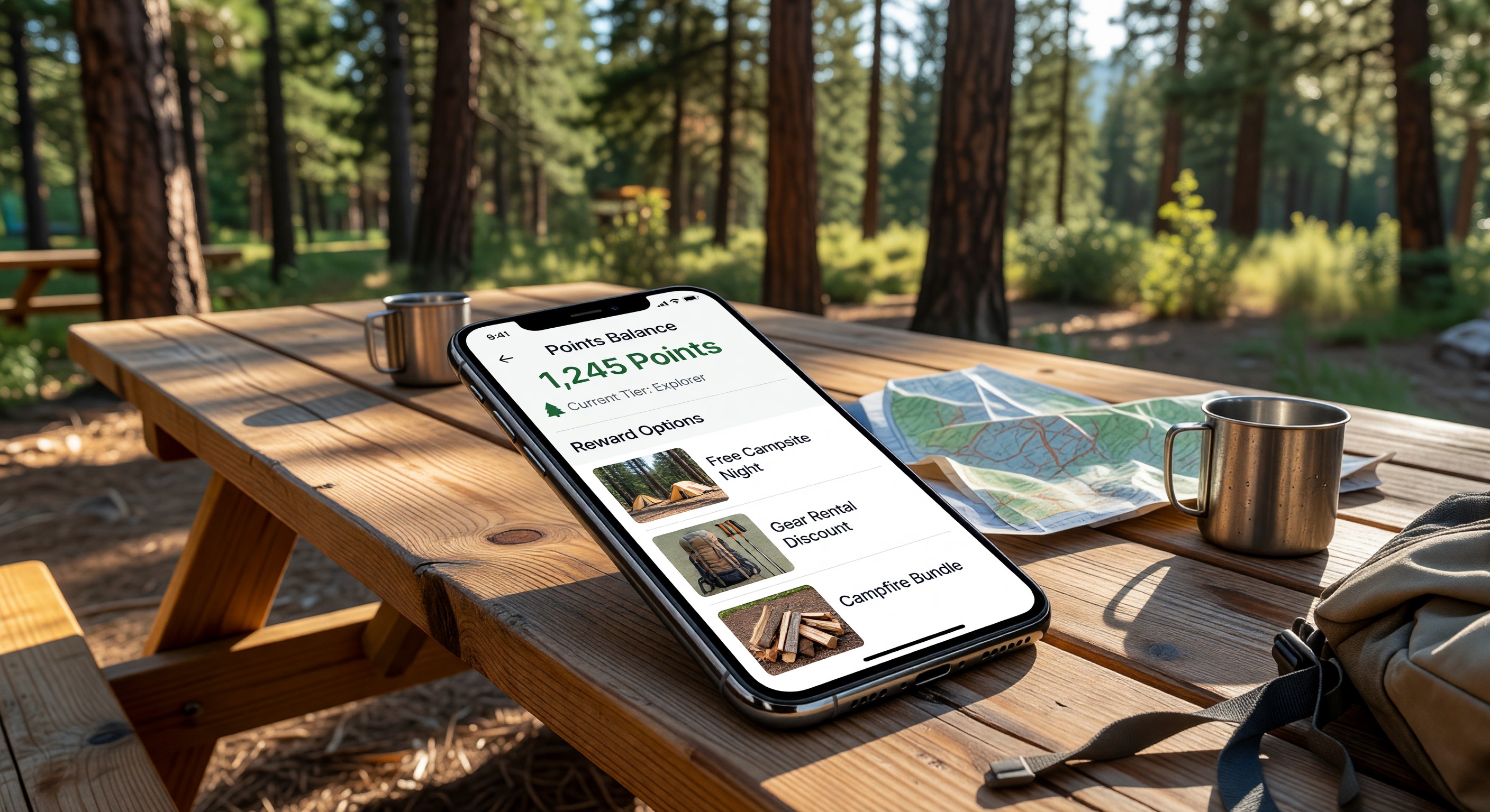 Campground loyalty program mobile app showing points balance and reward options