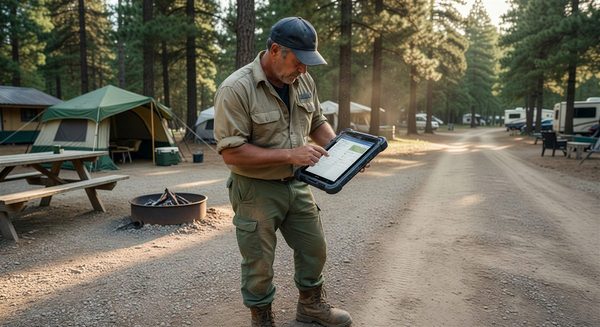Campground maintenance worker using tablet for digital work order management
