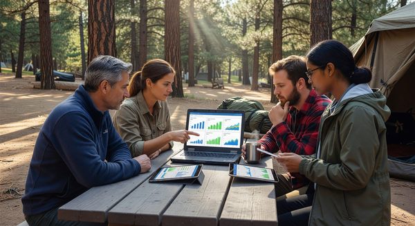 Campground marketing team reviewing digital marketing analytics dashboard