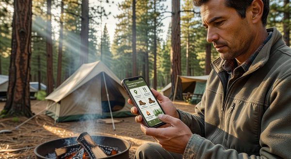 Guest using a campground mobile app on a phone to navigate amenities and activities