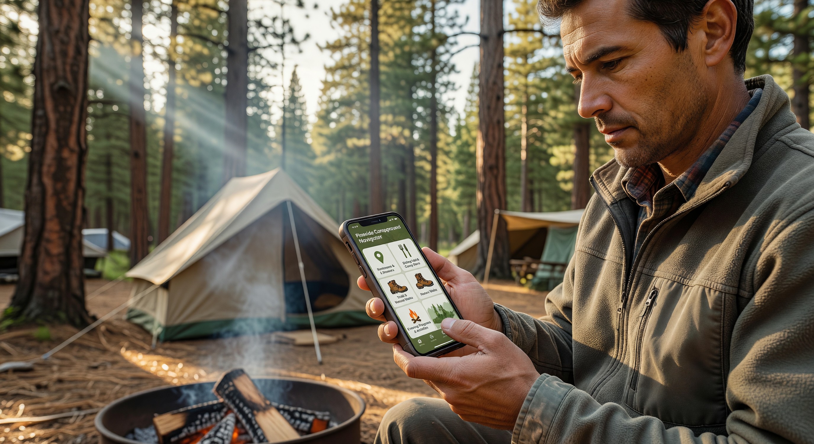 Guest using a campground mobile app on a phone to navigate amenities and activities