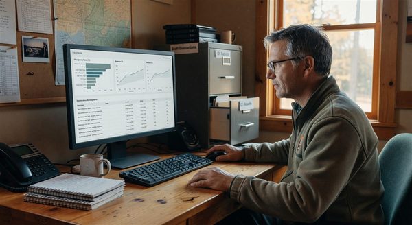 Regional campground manager reviewing dashboard showing multiple property performance metrics