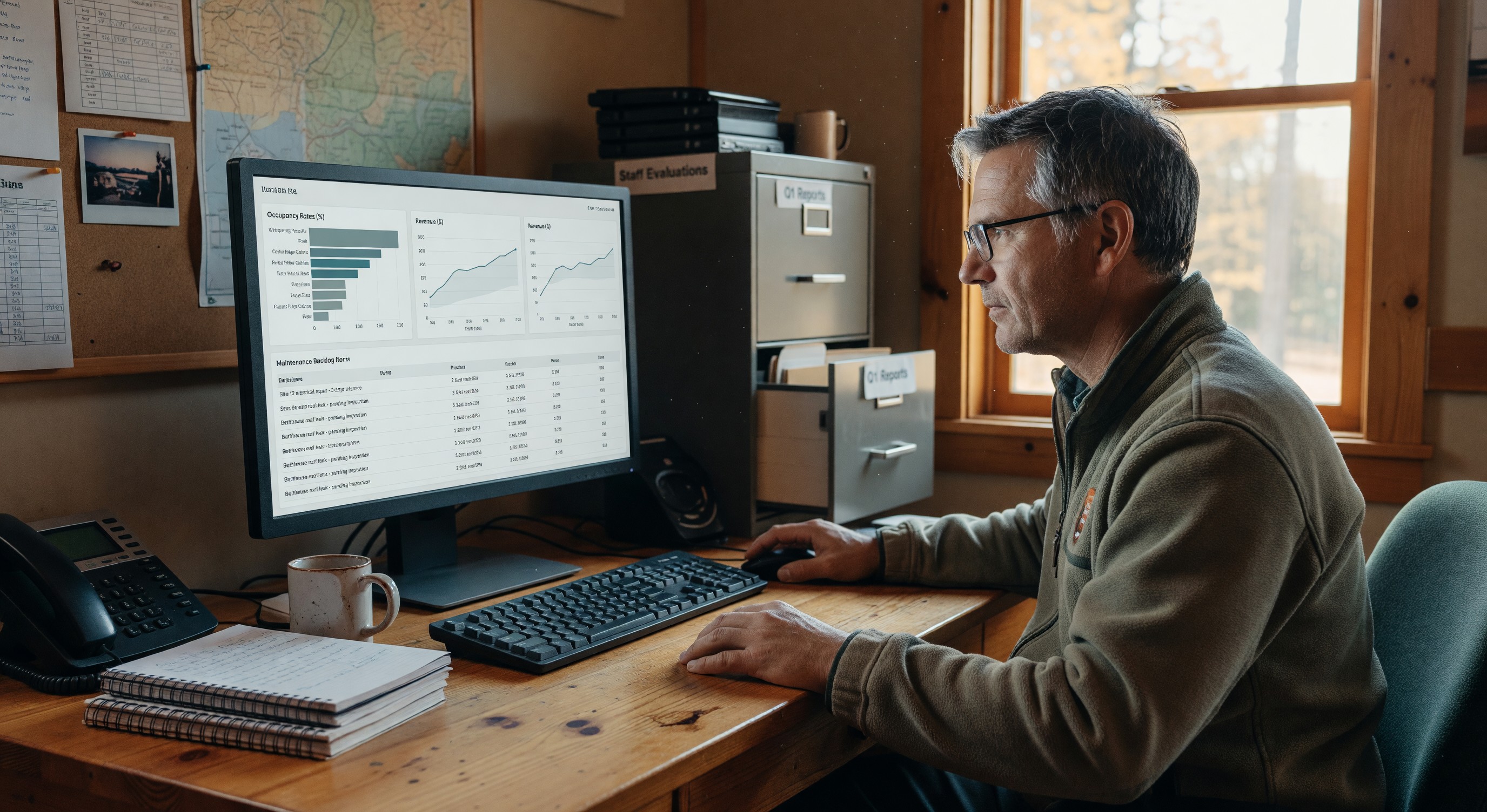 Regional campground manager reviewing dashboard showing multiple property performance metrics