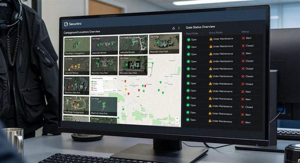 Security management dashboard showing multiple campground locations and gate status overview
