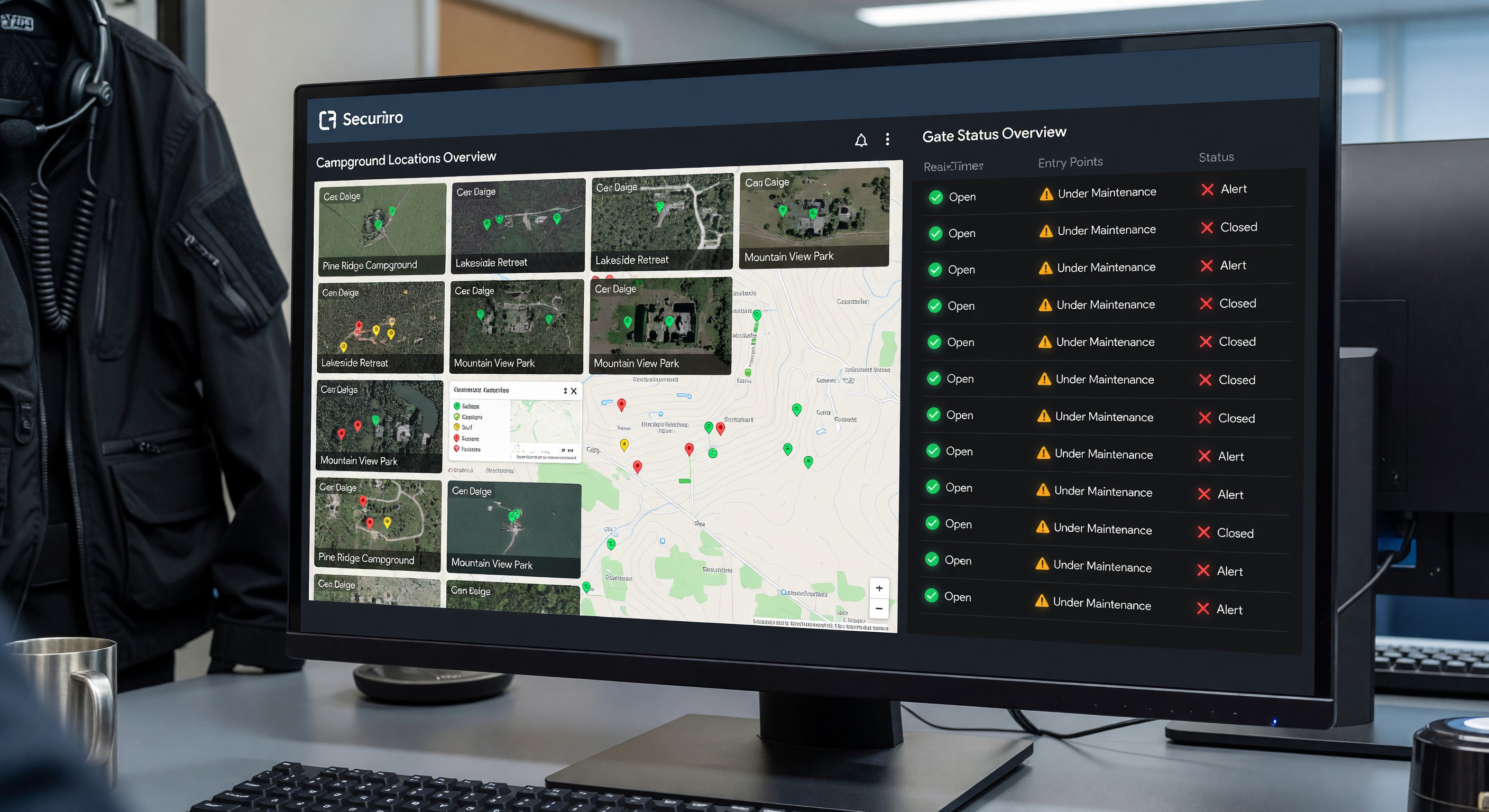 Security management dashboard showing multiple campground locations and gate status overview