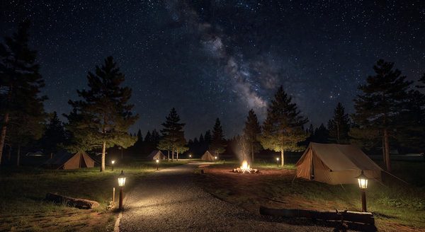Campground at night with warm pathway lighting and a clear starry sky above