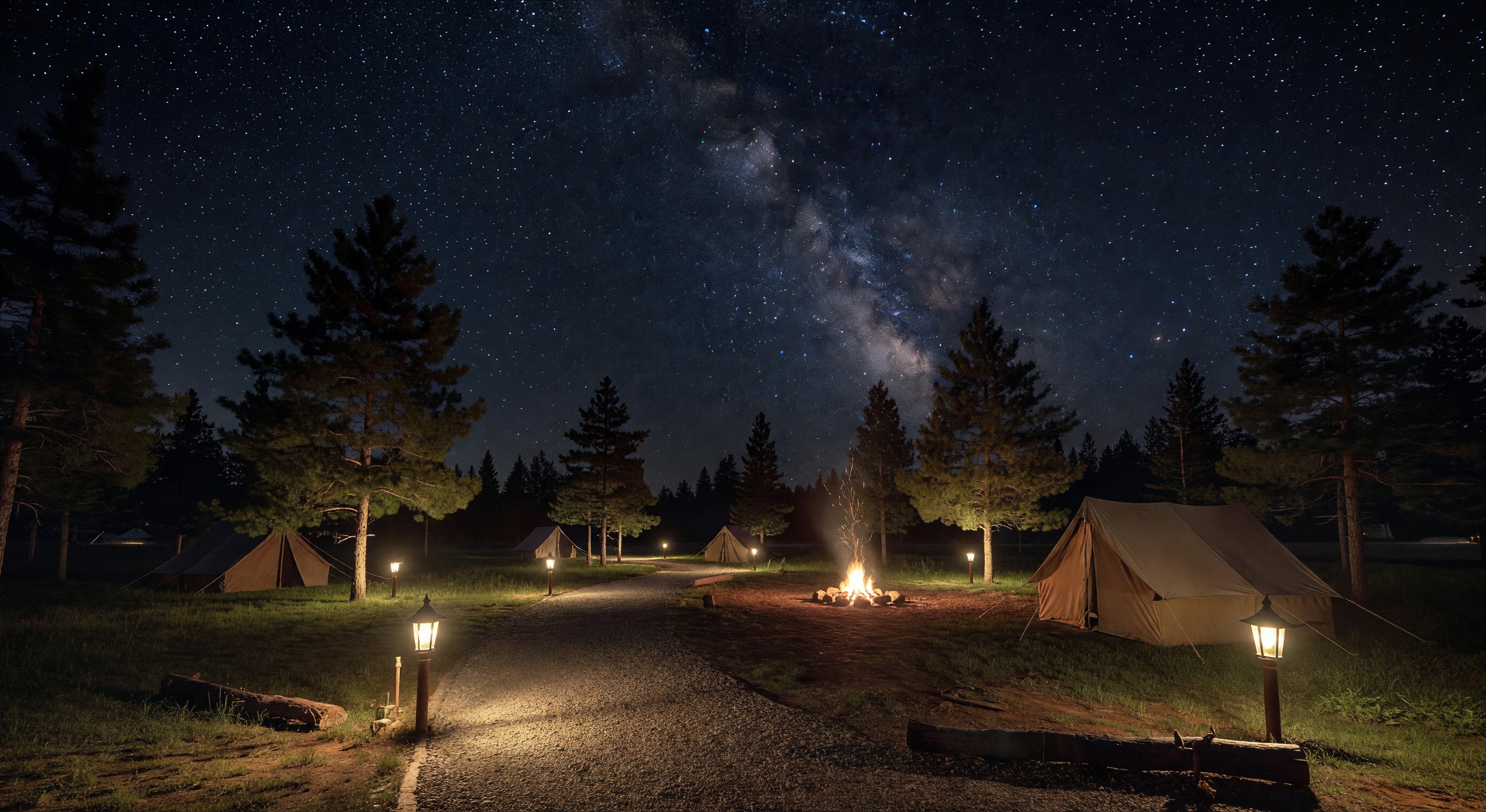 Campground at night with warm pathway lighting and a clear starry sky above