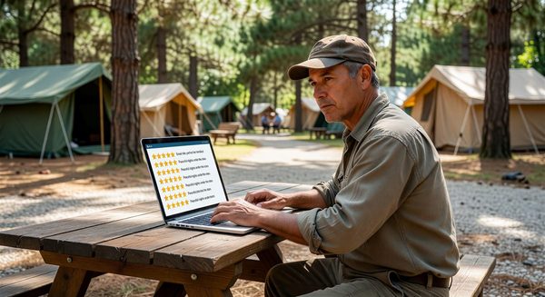 Campground operator responding to guest reviews on a laptop with star rating graphics visible