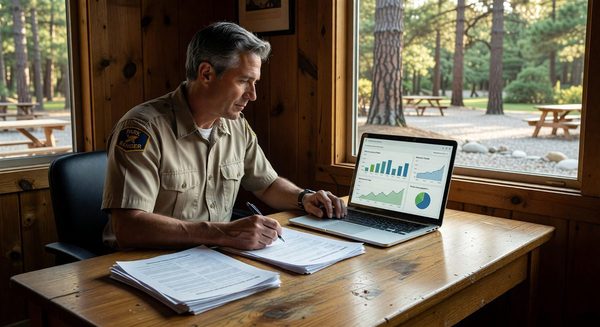 Campground manager reviewing operational reports and dashboard analytics