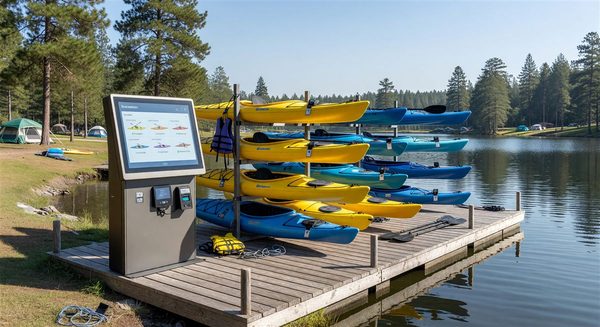 Campground kayak rental dock with digital kiosk and technology-enabled equipment tracking