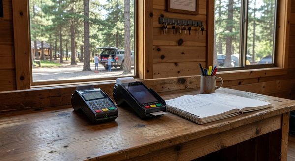 Campground check-in desk with a card reader and mobile payment terminal