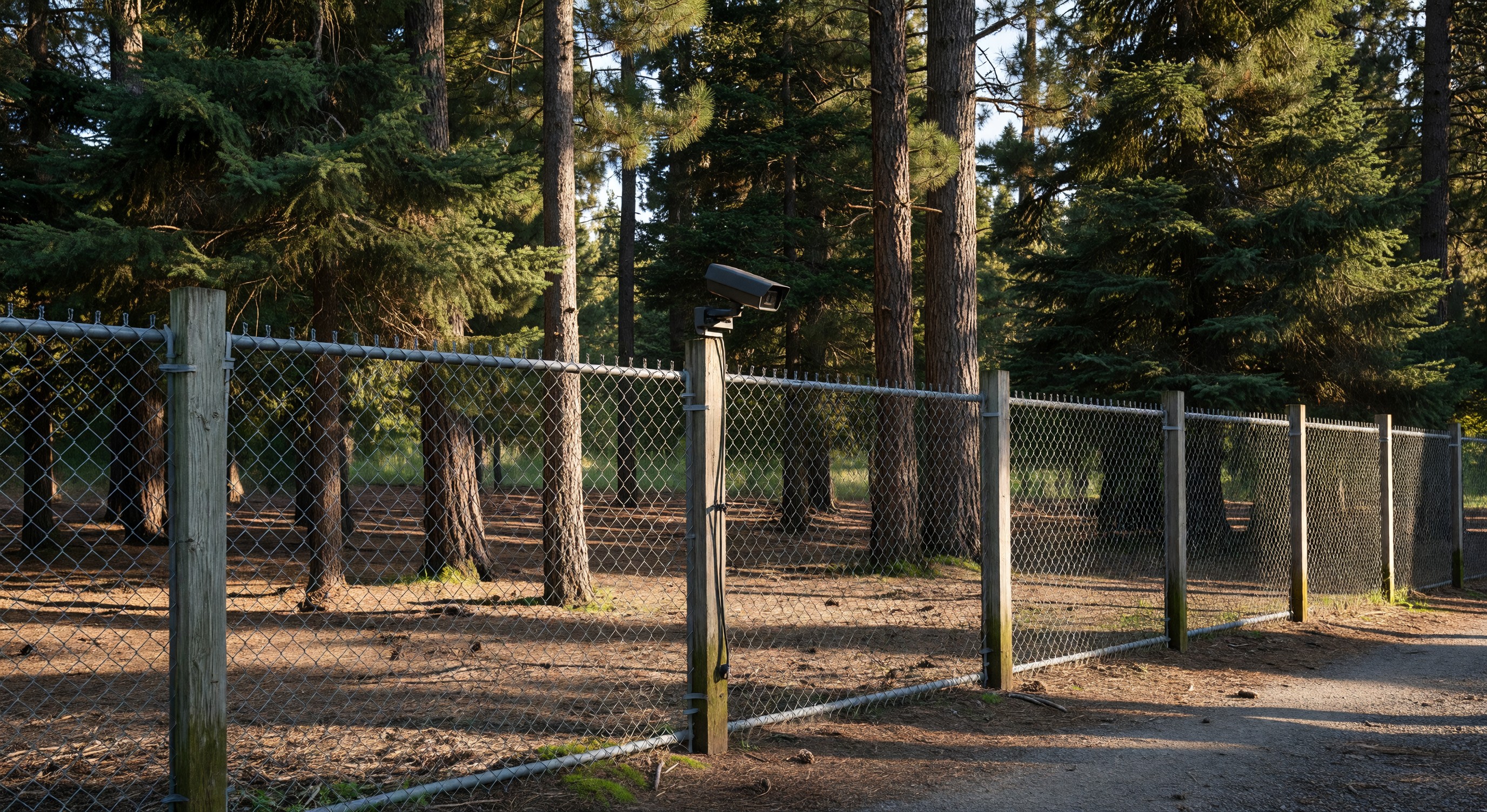 Campground perimeter fence line with trees and a security camera mounted on a post