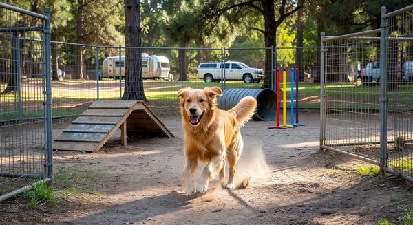 Dog running in a fenced campground dog park with agility equipment visible