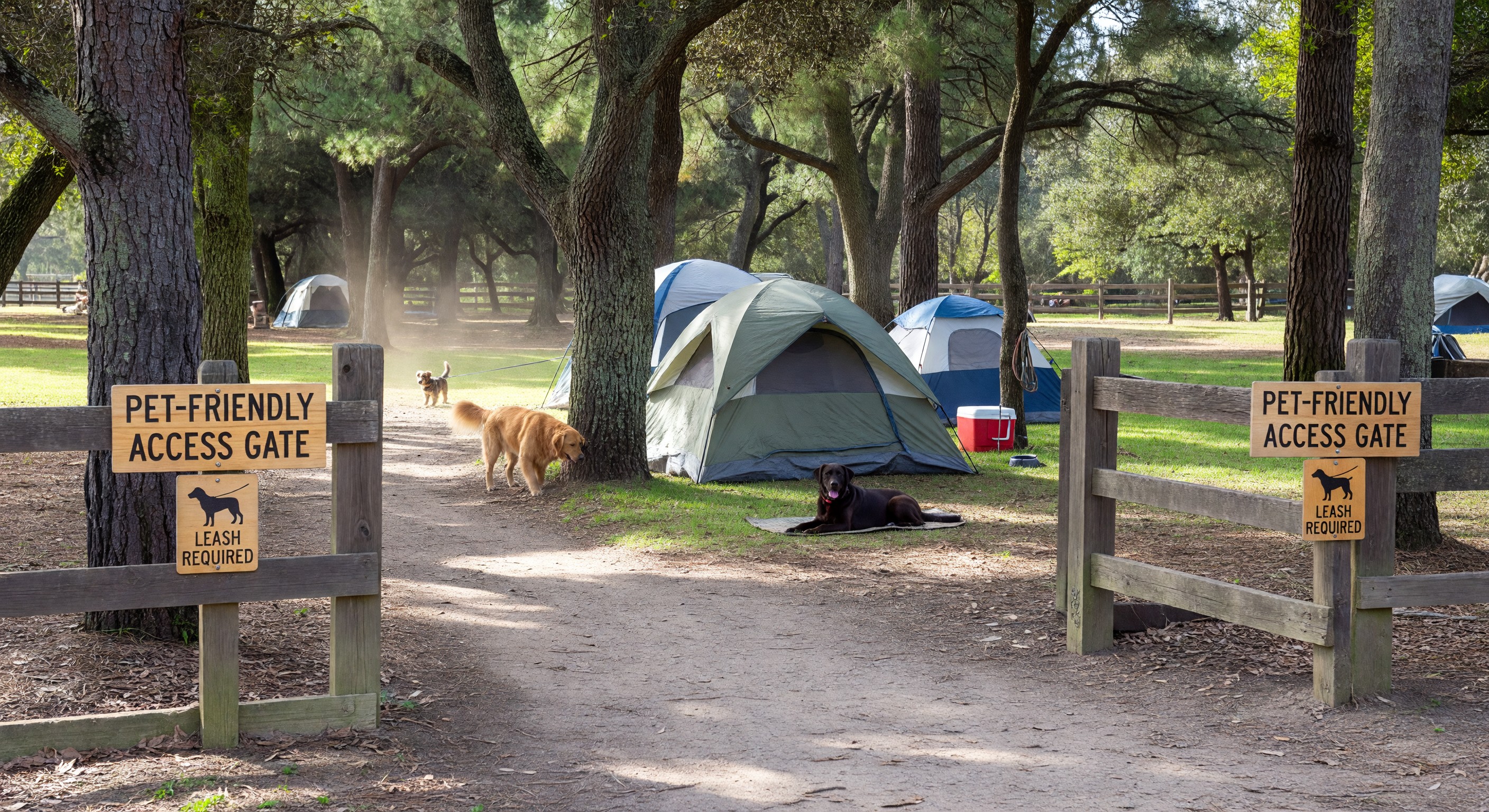Campground pet-friendly area with designated access gates and clear signage