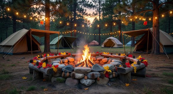 Scenic campground setting with a decorated fire pit and string lights creating a photogenic atmosphere
