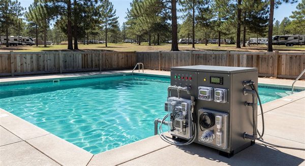 Campground swimming pool with automated chemistry monitoring and management equipment