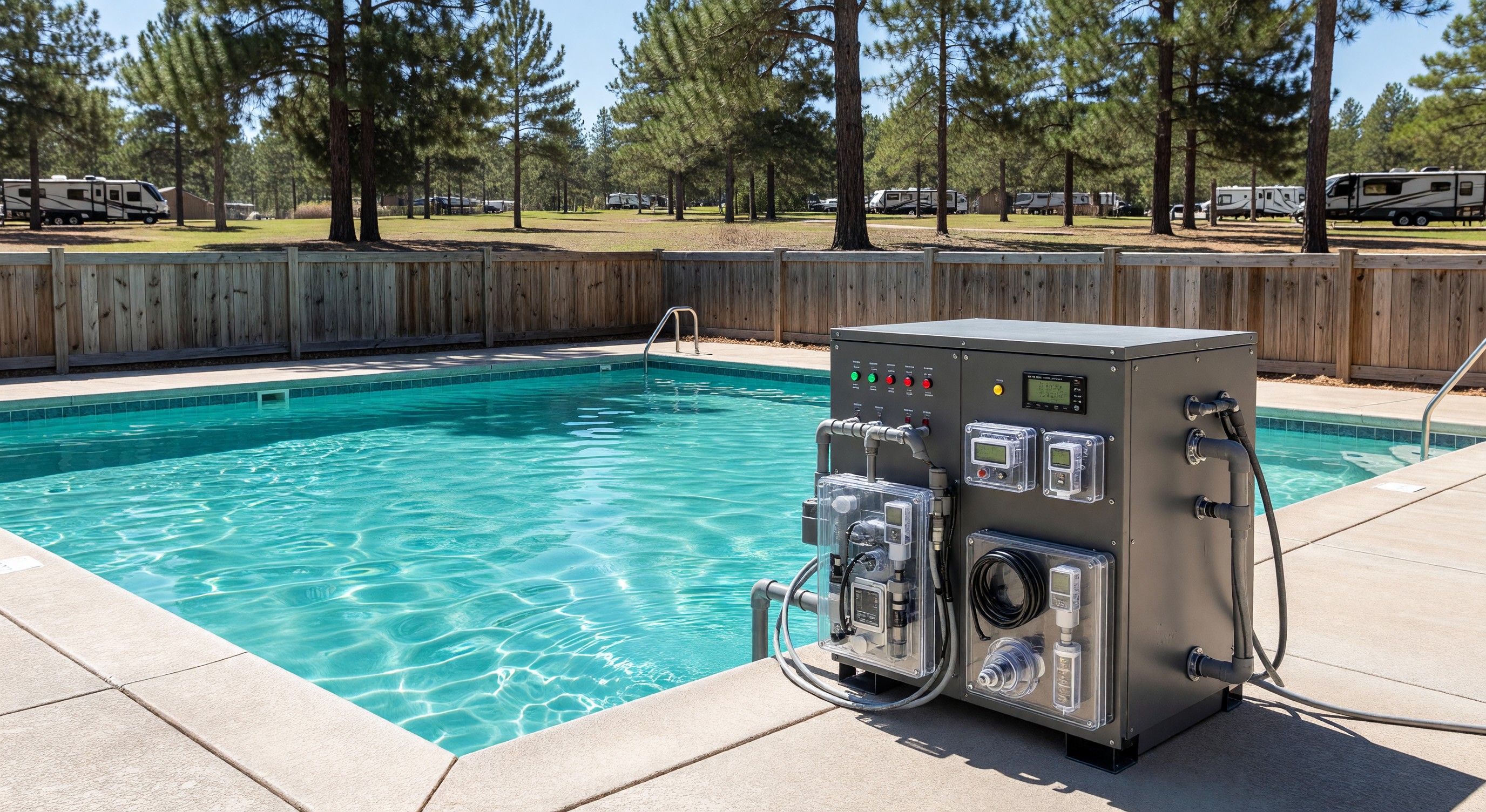 Campground swimming pool with automated chemistry monitoring and management equipment