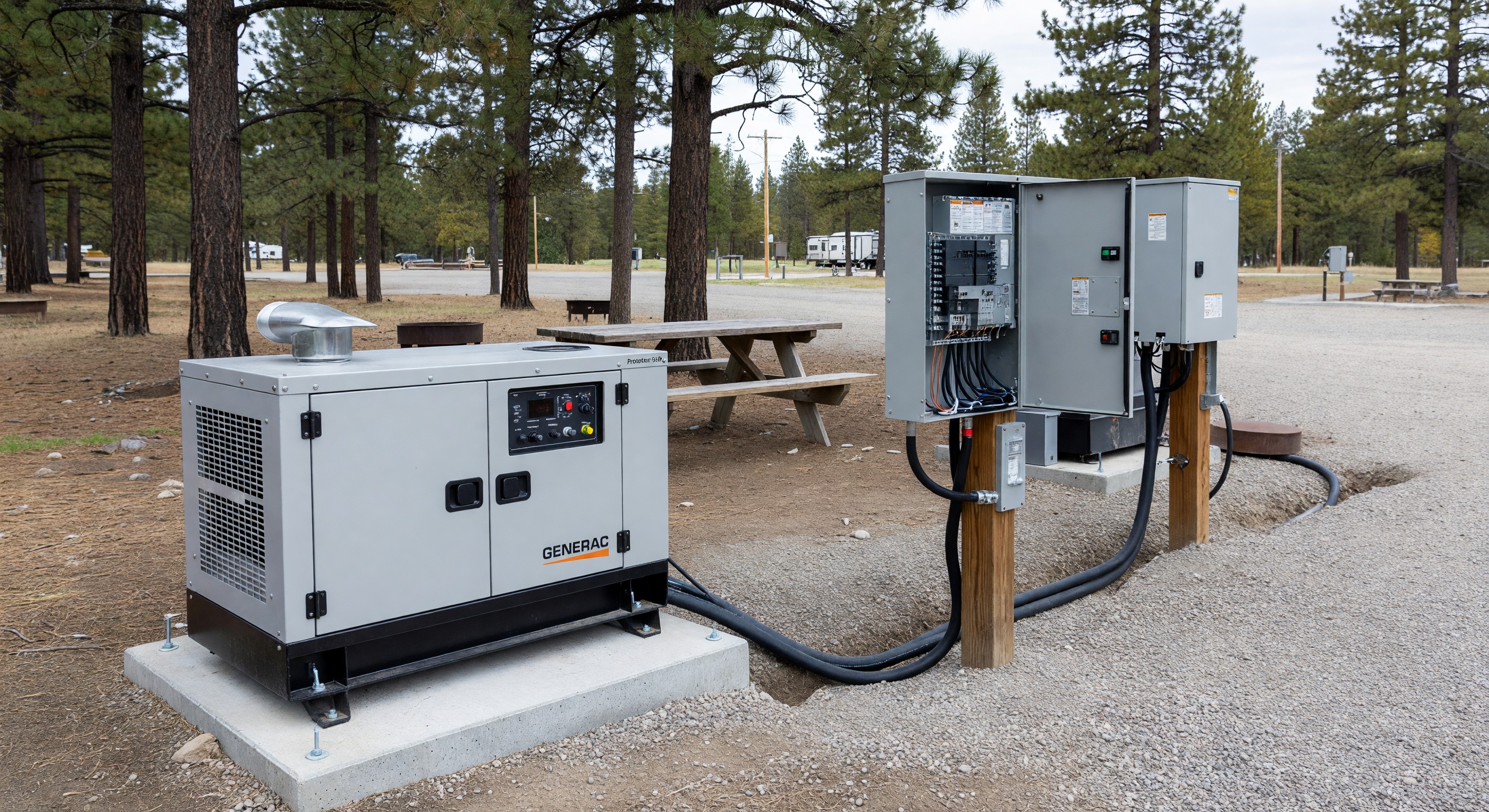 Campground backup generator and transfer switch installation for grid outage protection