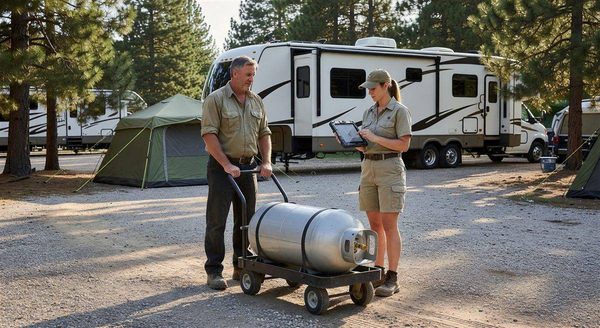 Campground staff delivering propane to an RV site using a digital tablet for order tracking