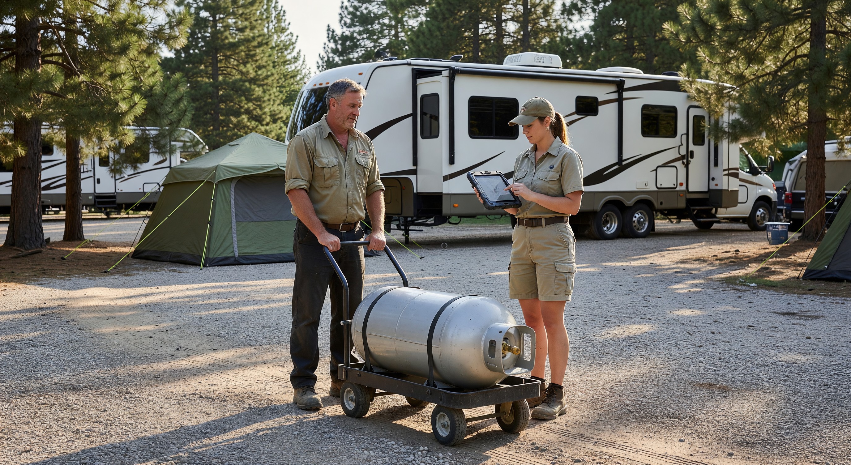 Campground staff delivering propane to an RV site using a digital tablet for order tracking
