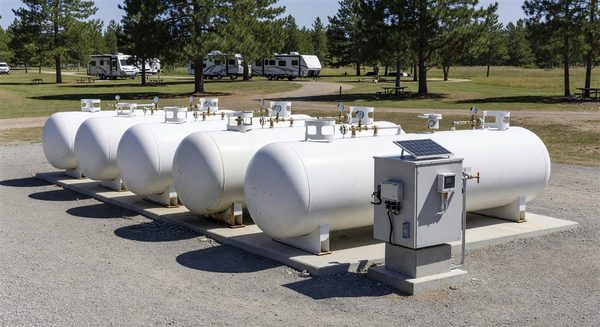 Large propane tanks at a campground facility with monitoring equipment