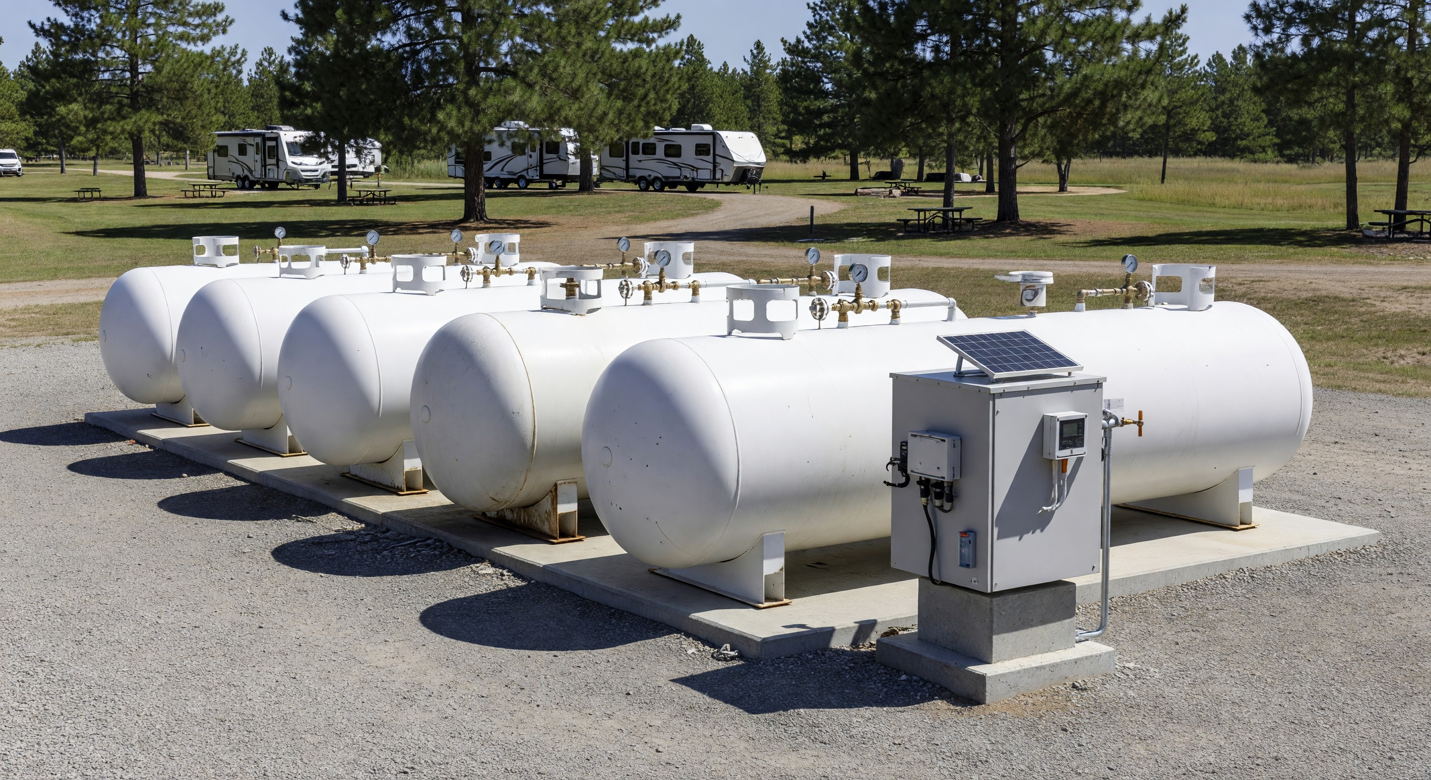 Large propane tanks at a campground facility with monitoring equipment