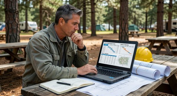 Campground operator reviewing capital improvement plans and project tracking on laptop