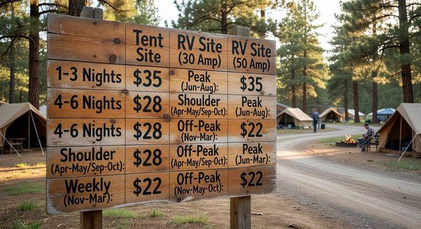 Campground pricing matrix showing seasonal rates by site type and length of stay