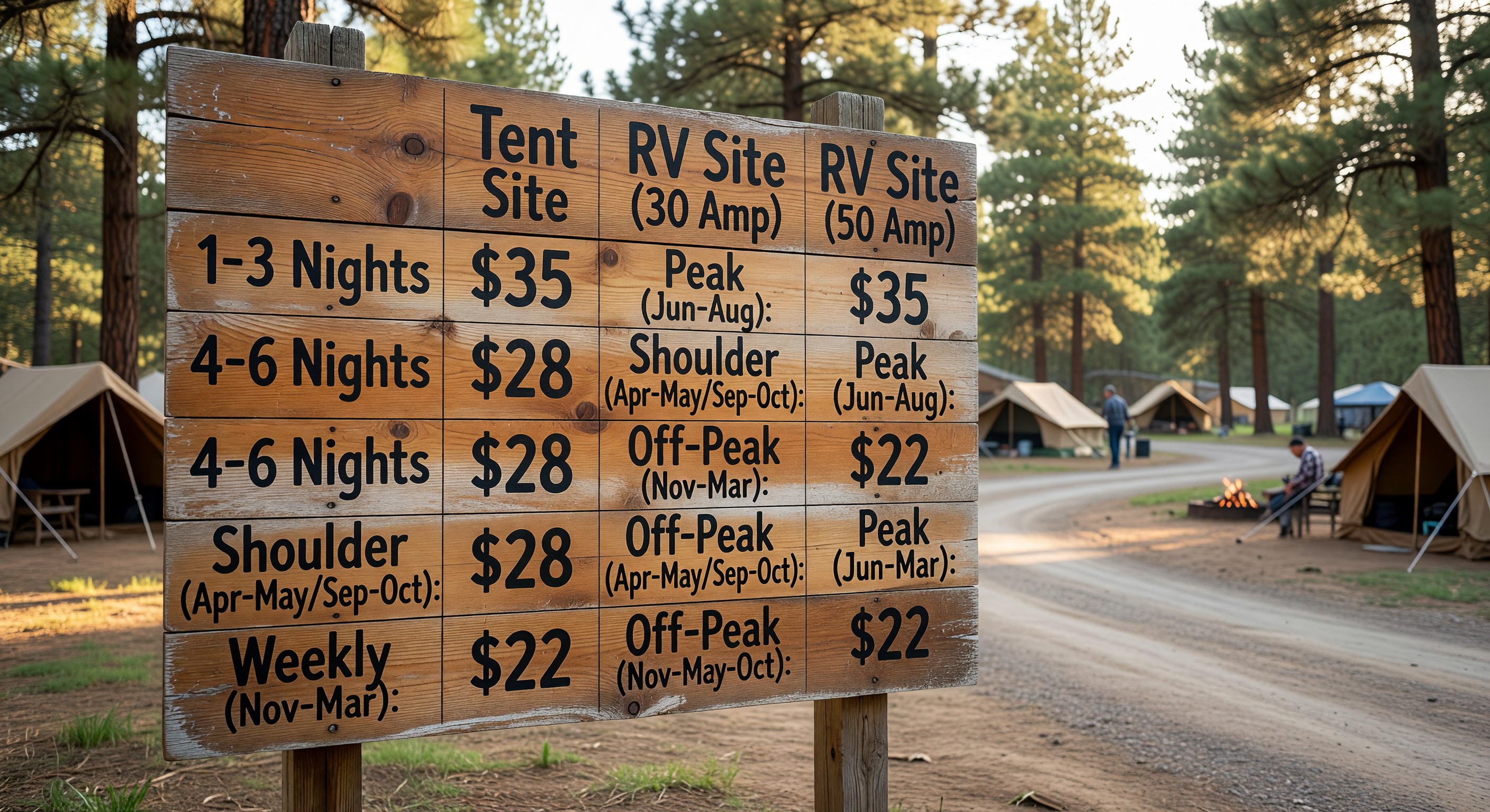 Campground pricing matrix showing seasonal rates by site type and length of stay
