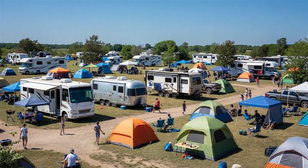 Crowded campground on a sunny summer weekend with RVs and tents in multiple sites