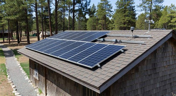 Solar panels on campground bathhouse roof with monitoring equipment