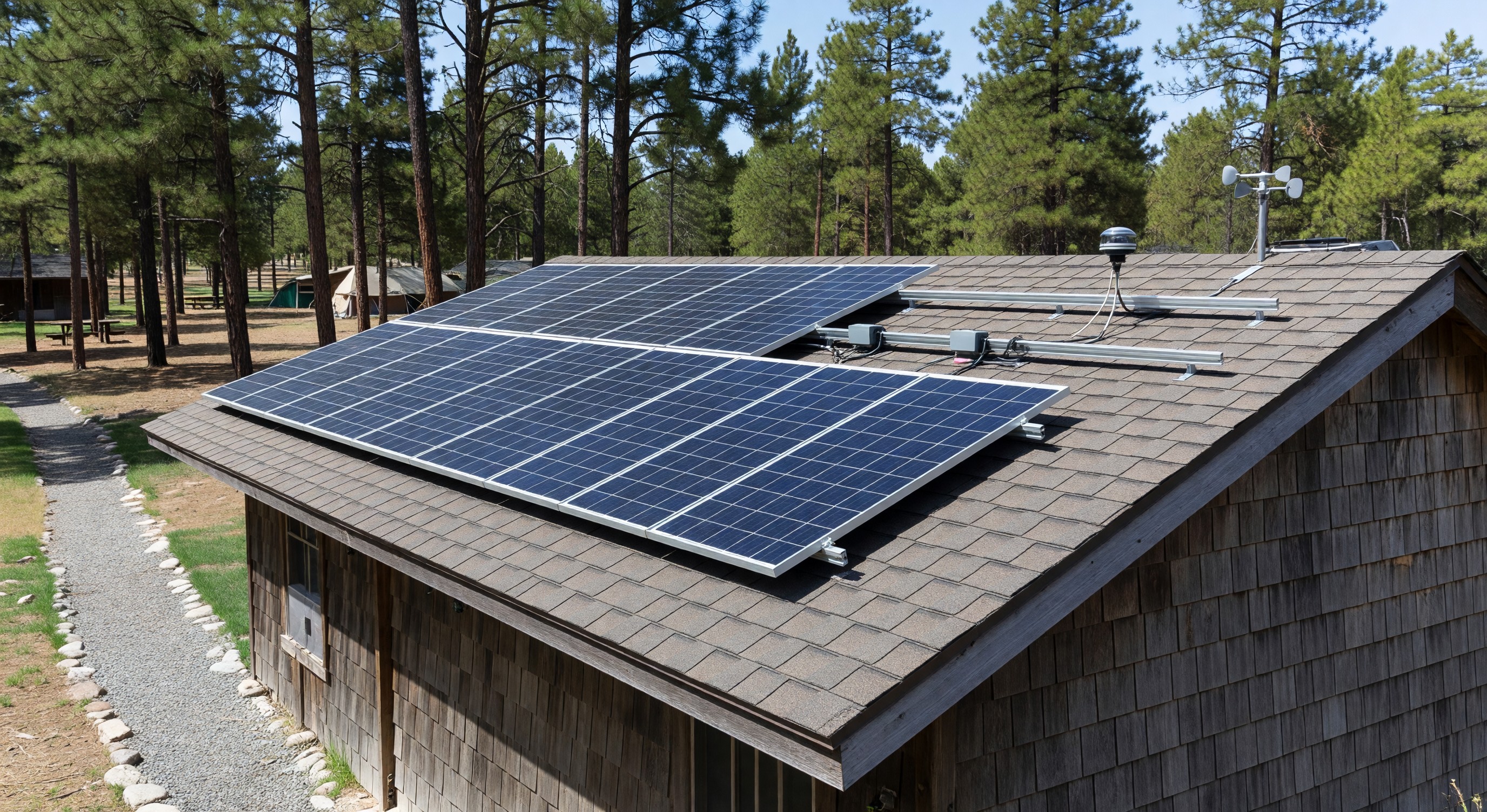 Solar panels on campground bathhouse roof with monitoring equipment