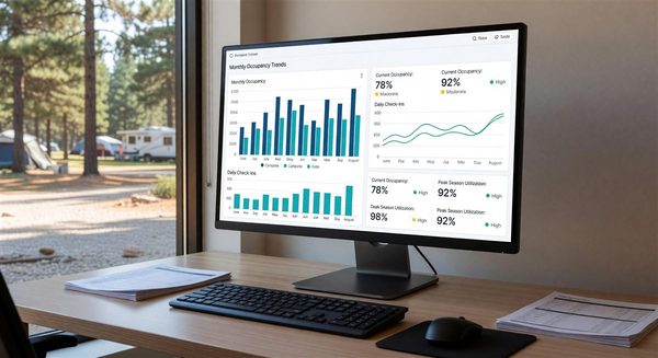 Campground management reporting dashboard on a desktop with charts and occupancy data