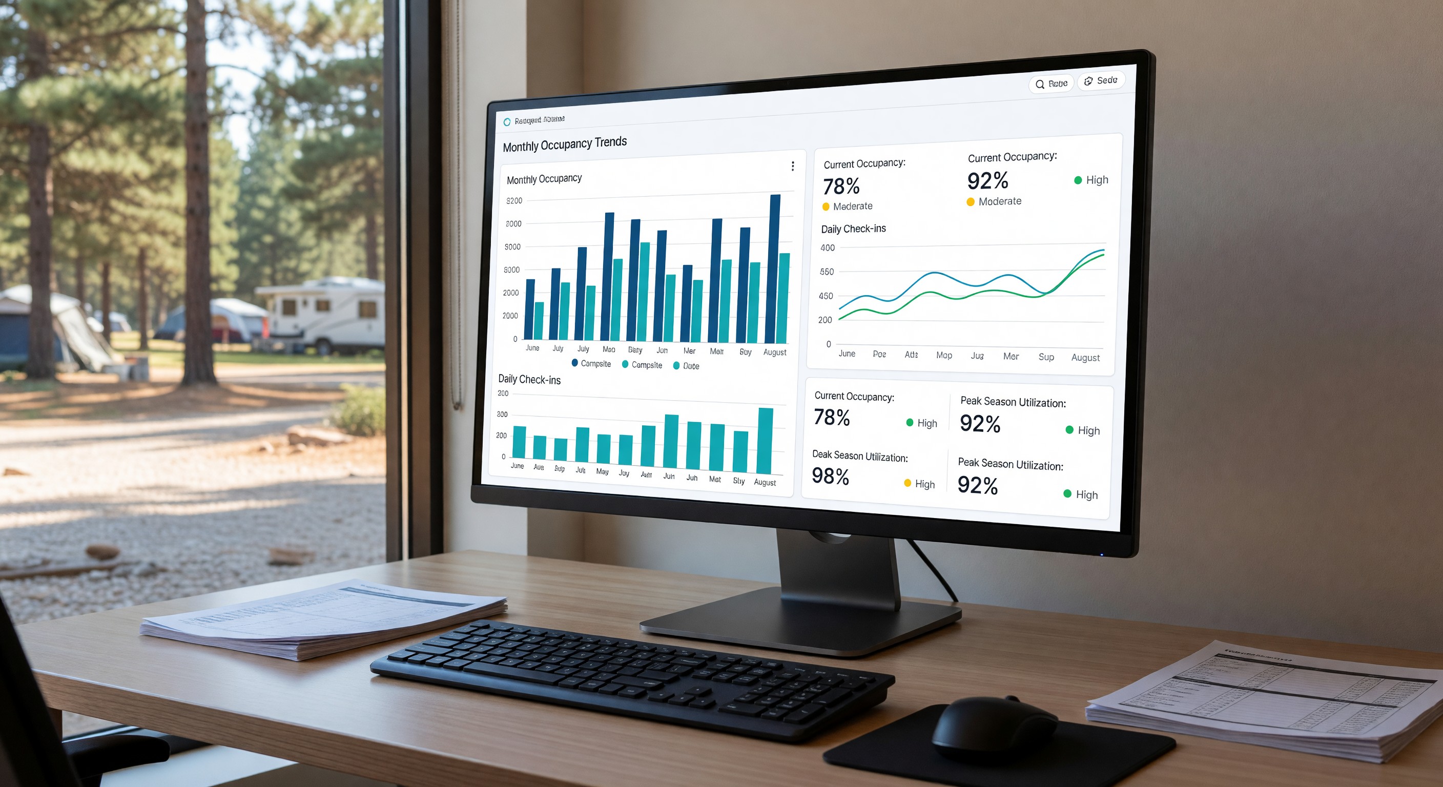 Campground management reporting dashboard on a desktop with charts and occupancy data