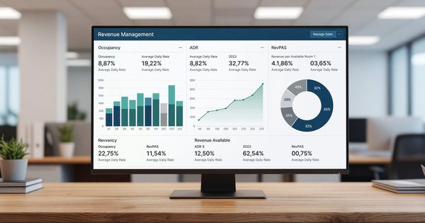 Revenue management dashboard showing occupancy, average daily rate, and RevPAS metrics