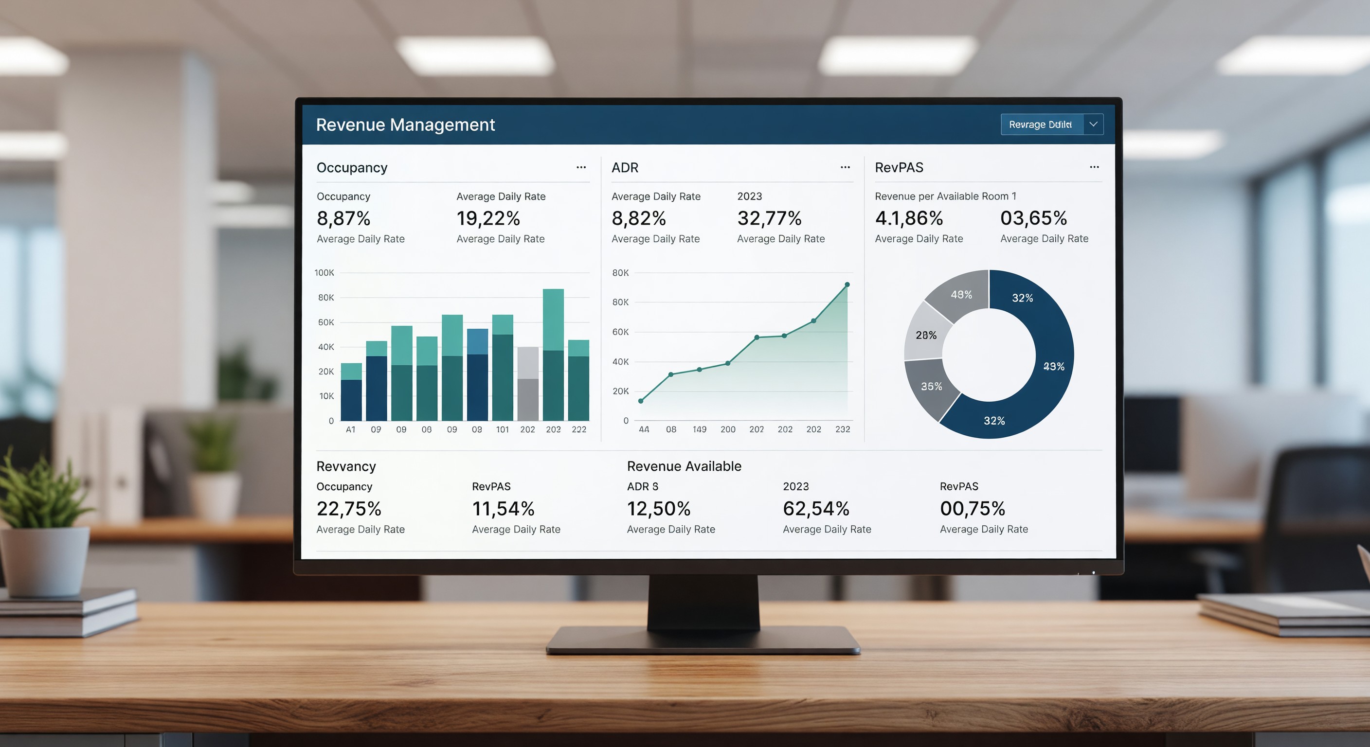 Revenue management dashboard showing occupancy, average daily rate, and RevPAS metrics