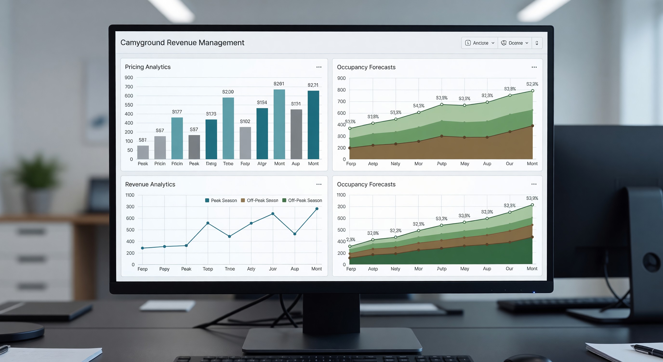 Campground revenue management dashboard showing pricing analytics and occupancy forecasts