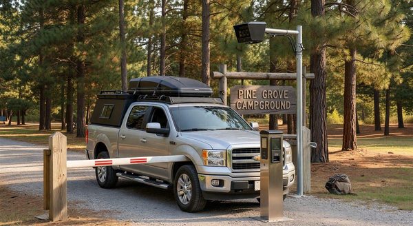 Campground entry lane with overhead LPR camera and RFID reader on pedestal