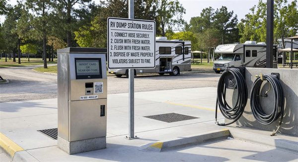 Modern campground RV dump station with payment kiosk and clear signage