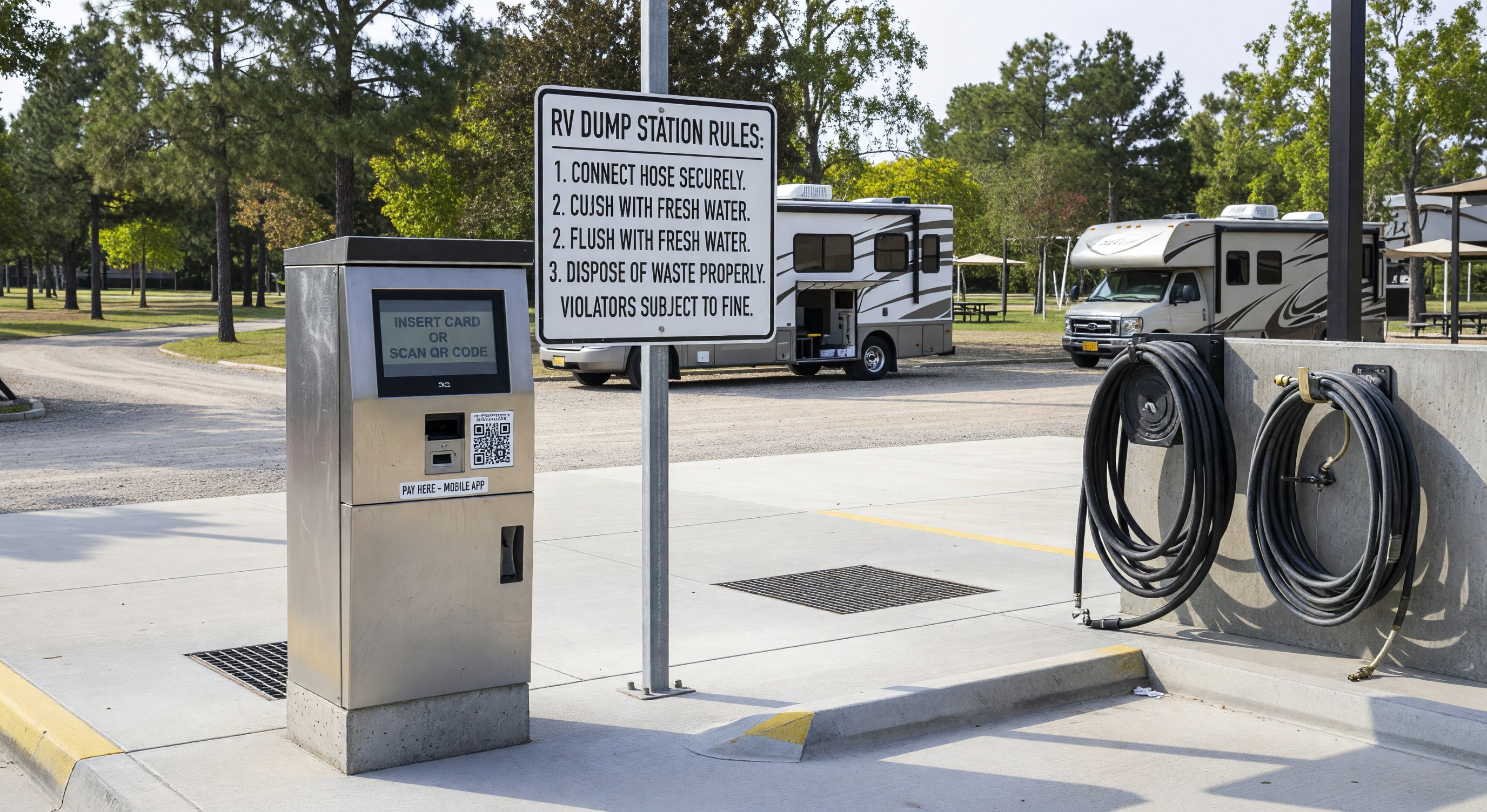 Modern campground RV dump station with payment kiosk and clear signage