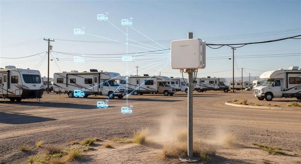 Modern WiFi access point mounted outdoors at an RV park with network diagram overlay